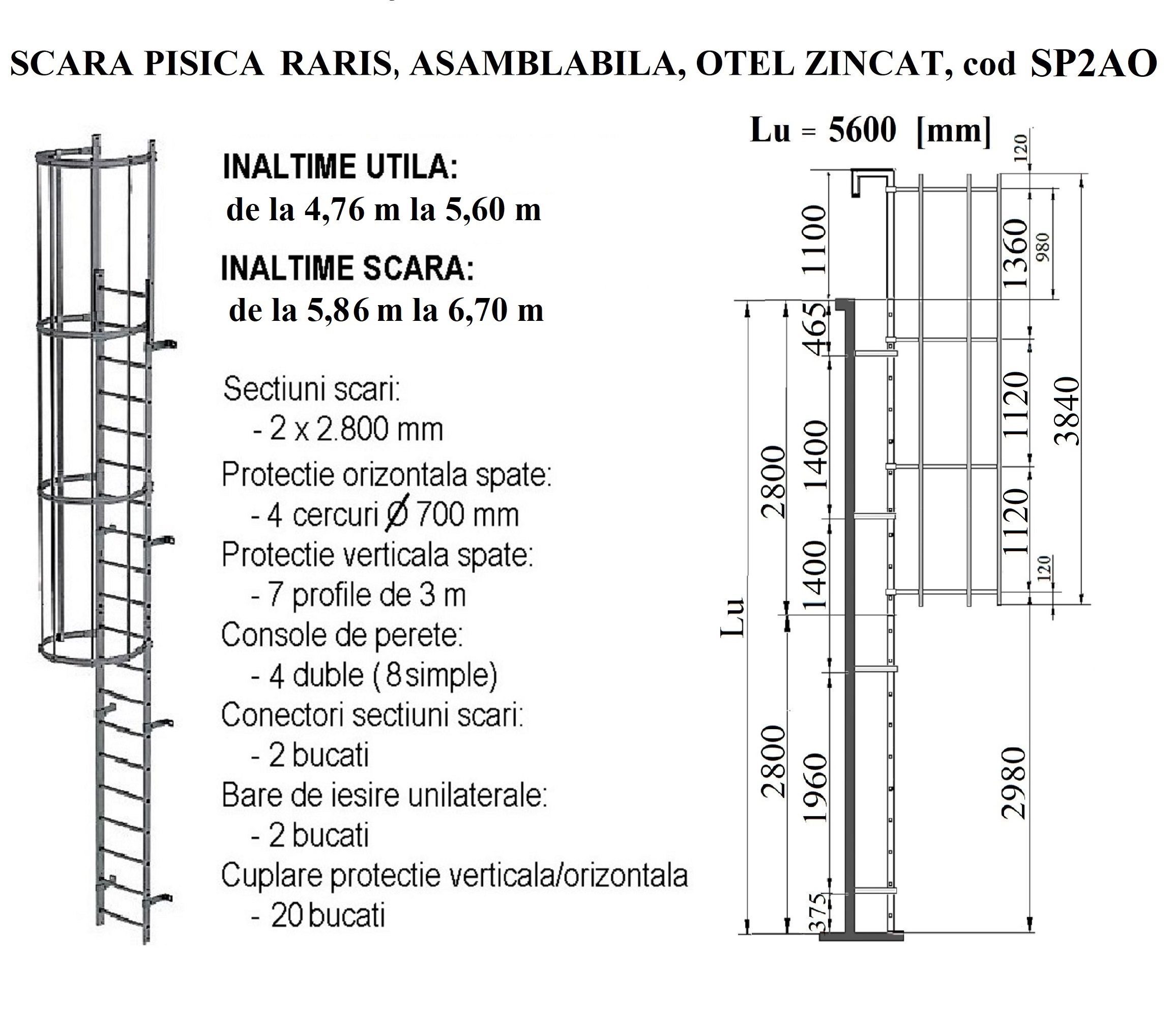 Scara pisica RARIS, asamblabila, din otel zincat, inaltime acoperis de la 4,76 m la 5,60 m, cod SP2AO</h>